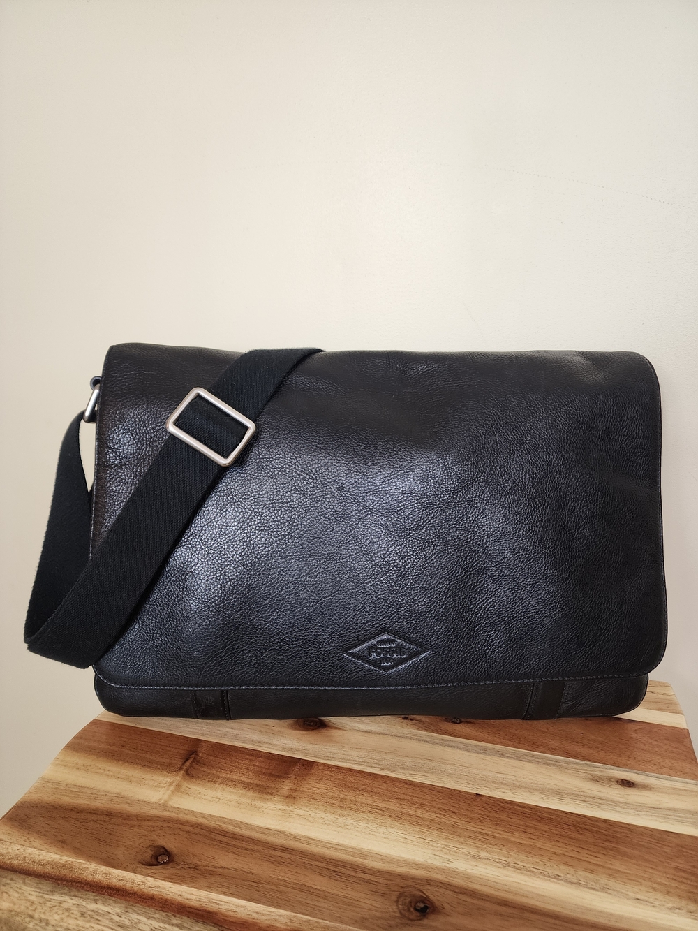 Fossil Aiden Black Leather Messenger Bag Laptop Work Crossbody Briefcase Satchel